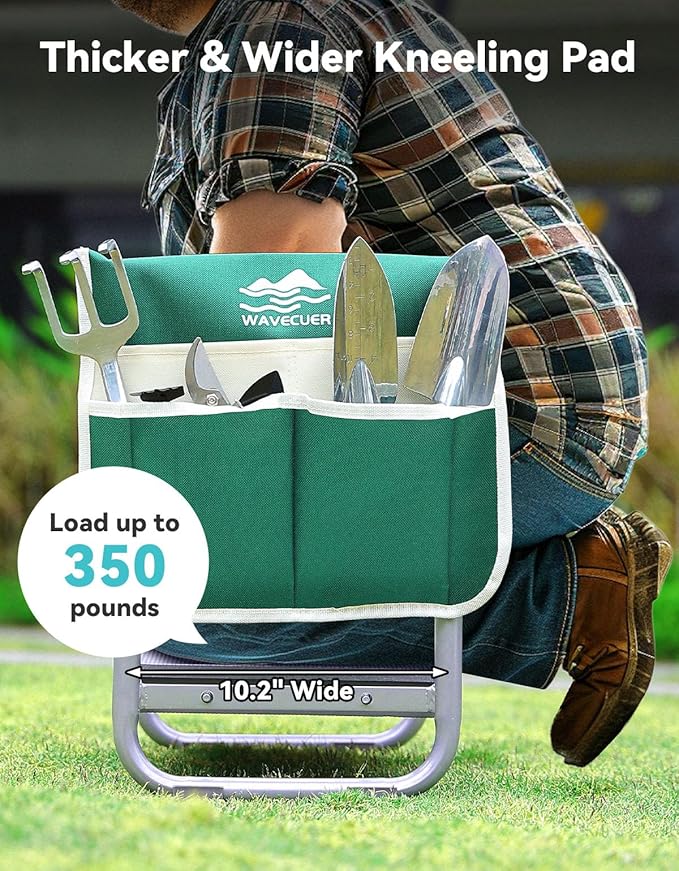 Garden Kneeler and Seat, Foldable Garden Stool 10.2" Width, Heavy Duty Knee Seat for Gardening with 2 Tool Pouches & Gloves, Gardening Accessories for Women, Grandparents, Seniors (Green)