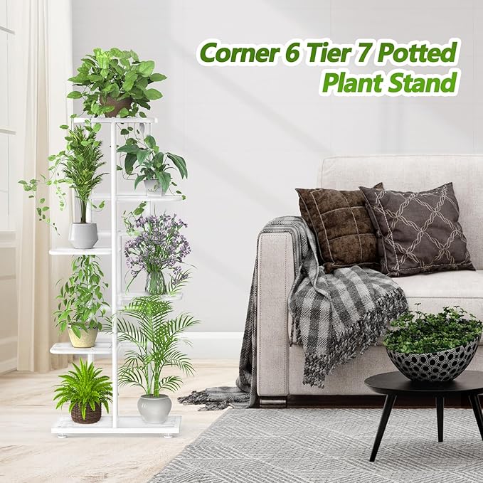 6 Tier 7 Potted White Plant Stand Indoor Outdoor with Gardening Tools and Gloves, Upgraded Corner Metal Plant Rack UnitShelf for Multiple Plants,Tall Flower Pot Holder Display for Patio, Balcony, Living Room