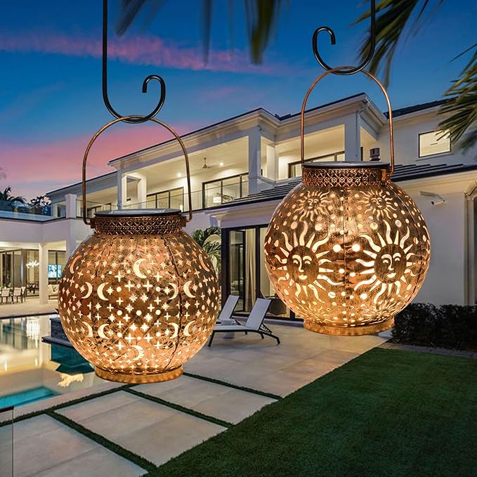 Go2garden Outdoor Solar Lanterns Waterproof Garden Gifts Women Yard Decorations Metal Moon Sun Hanging Solar Lights for Patio, Balcony, Tabletop,Birthday Mothers Day Gifts for Mom (Bronze,2Pack)