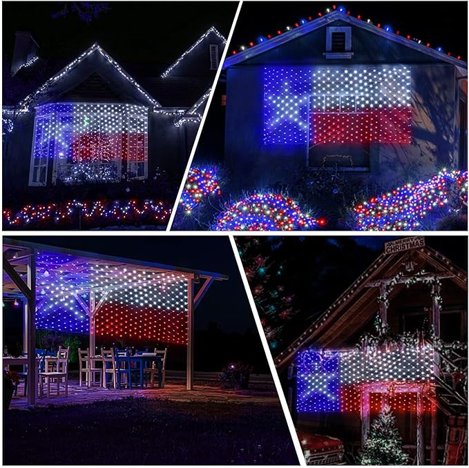 Leisure World LED Texas Flag Net Lights - Outdoor American Flag, Patriotic Red, White & Blue, 3.3 x 6.6 FT, 8 Modes for 4th of July & Christmas