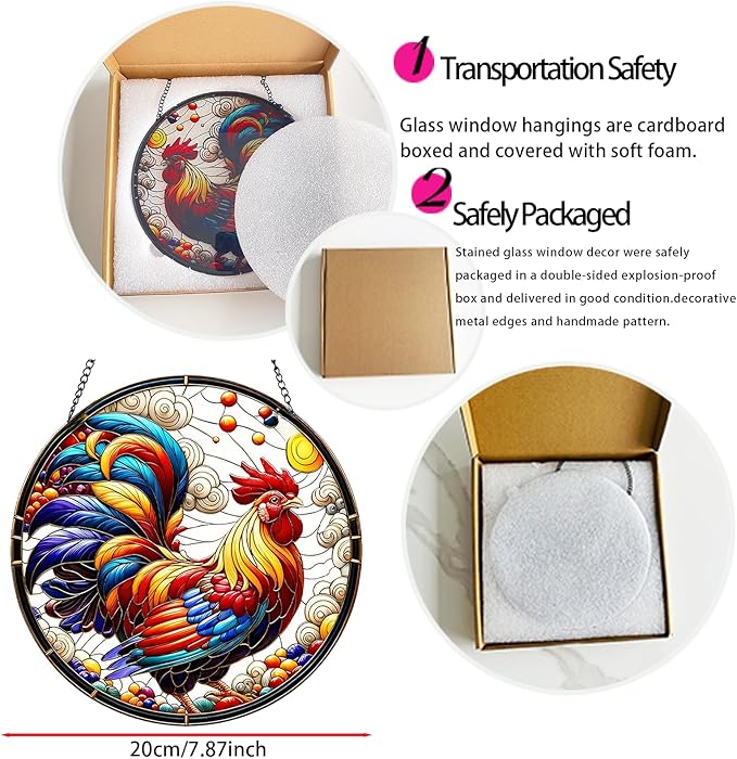RIVEENY Rooster Glass Window Hangings, 8" Rooster Sun Catcher Stained Glass Window Panels, Wall Art Stained Panel Hangings Gift for Home Garden Ornament (Roosters)