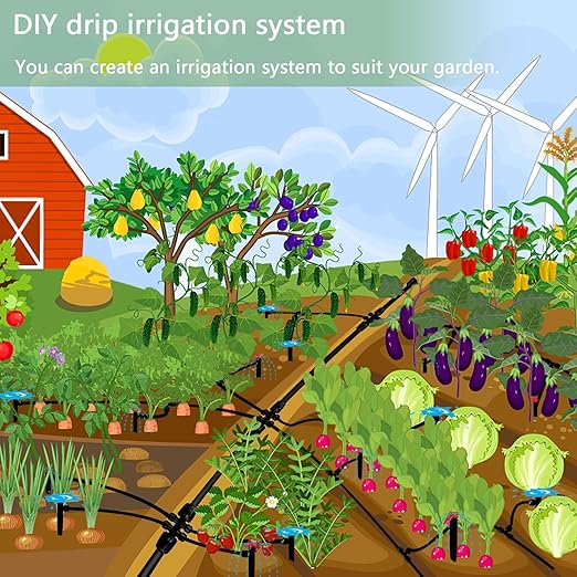 Drip Irrigation System for Garden-Watering - Quick Connector Adjustable Automatic Sprinkler System Kit for Raised Bed Greenhouse Plant with Drip Emitters,1/2" and 1/4" Tubing,Connectors (132FT)