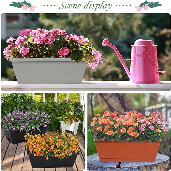 12Pcs 17Inches Rectangle Planter Box with Drainage Holes and Trays Plastic Planters Flower Boxes Pots for Indoor Outdoor Plants Patio Garden Home Decor Porch Yard (Gray)