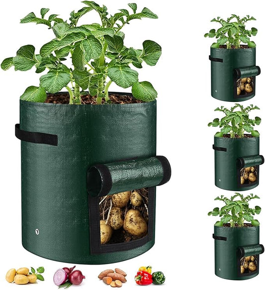 10 Gallon 3-Pack Potato Grow Bags, Heavy Duty PE Fabric Pots with Flap and Handles, Green Planter Bags for Potato Vegetables Outdoor Garden, 17.7''x13.8'' Large for All Plants Growing