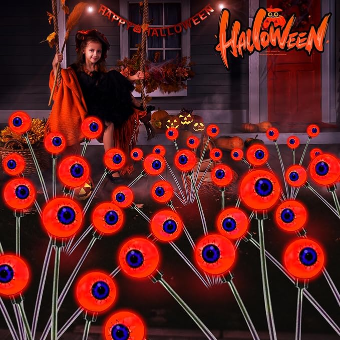 Halloween Decorations Outdoor, 2 Pack Solar Swaying Eyeball Lights, Swaying by Wind, Solar Pathway Lights, Halloween Decor with 2 Lighting Modes, Halloween Stake Lights for Garden Yard(Red)