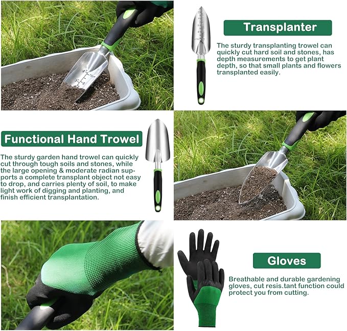 Gardening Tool Set, 8 Piece Garden Tools Set with Bag, Heavy Duty Stainless Steel Garden Tools Set Kit, Outdoor Hand Tools, Ideal Garden Tool Kit Gifts for Women Green