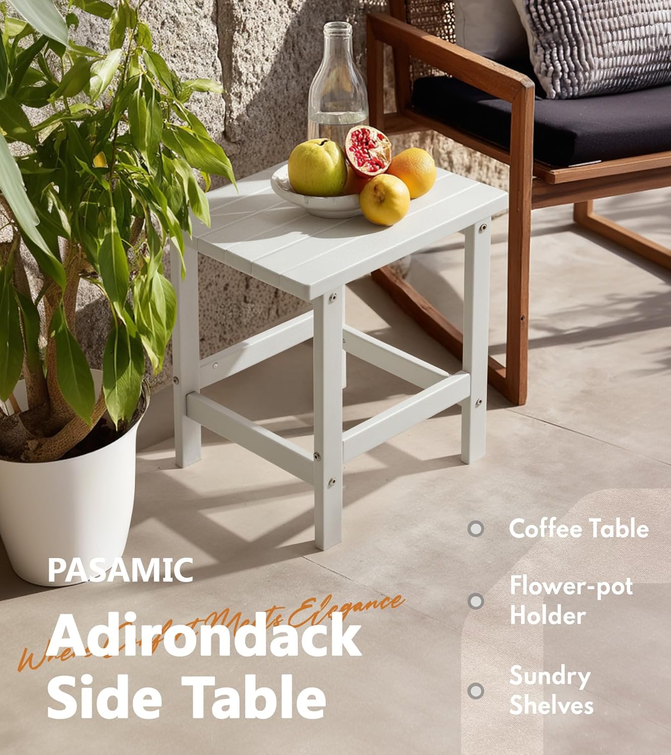 PASAMIC Adirondack Square Side Table, HDPE Outdoor Side Tables, Weather Resistant End Table for Patio, Backyard, Pool, Indoor Companion, Beach, Easy Maintenance (White)