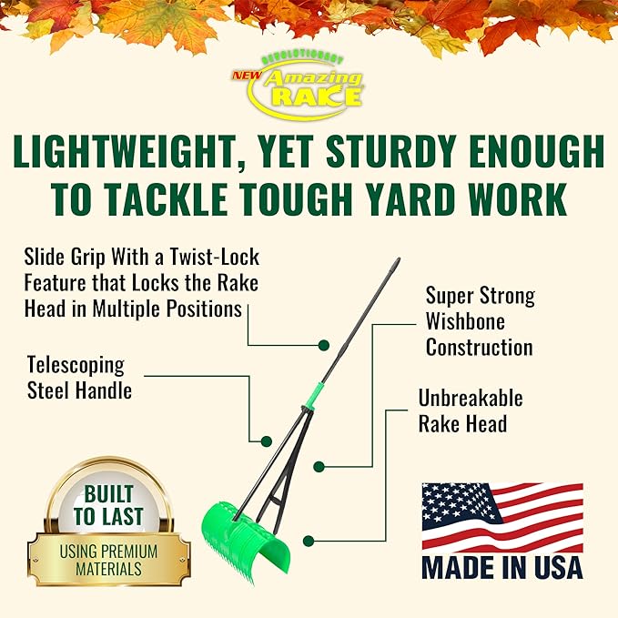 Amazing Rake Back Saving Garden Rake ― Leaf Rakes for Gardening ― Leaf Picker Upper ― Heavy Duty Leaves Claw & Rakes Lawns Garden Tool ― Easy Leaf & Grass Grabber Without Bending Over ― Green