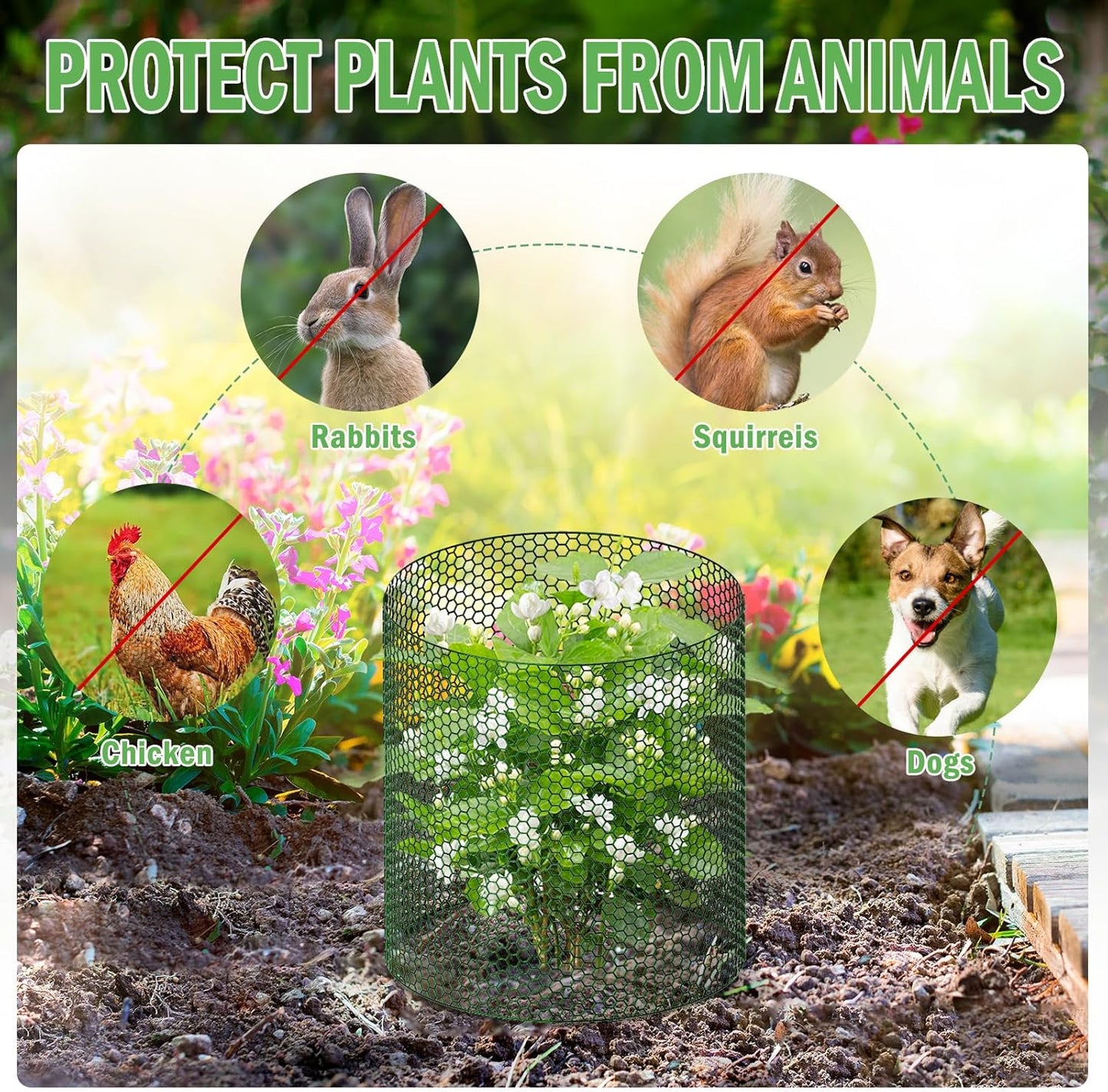 39.4Ft x 16In Plant Protectors from Animals, Plant Cages for Outdoor Plants, Free-Cut Metal Mesh Plant Covers Guards Fence Chicken Wire Cloche with Ground Stakes & Ties to Keeping Bunny Animals Out
