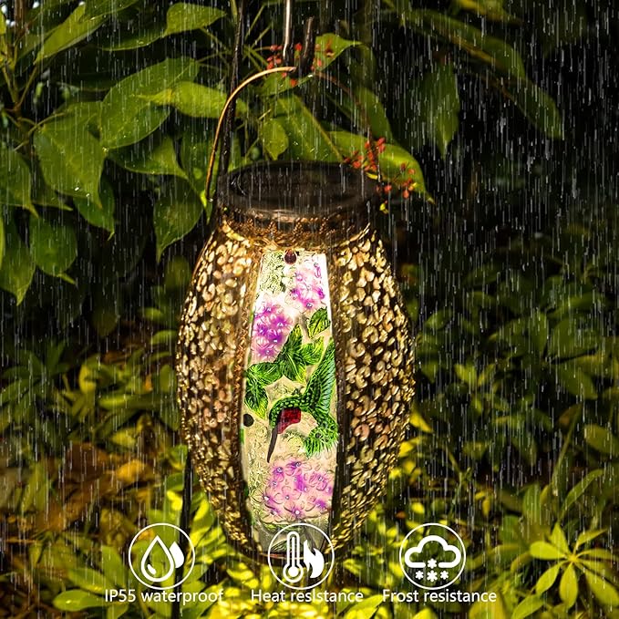 Outdoor Solar Lantern-Waterproof Hummingbird Hanging Metal Decorative Lights for Patio Table Garden Pathway Yard with Super Bright Warm White LED, Large Solar Panels, Auto On/Off