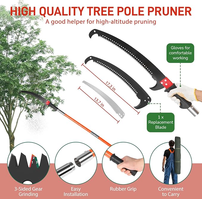 Outvita Manual Pole Saw, 26 Feet Extendable Tree Pruner with Knives and Storage Pocket, Sharp Steel Blade and Scissors High Branches Trimming for Pruning Palms and Shrubs（Orange）