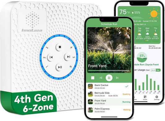 ImoLaza ET Master 4 Gen Smart Sprinkler Controller: Upgraded 6-Zone WiFi Irrigation Controller with Automated Watering, App Control, Smart Weather Skips and Fault Alerts