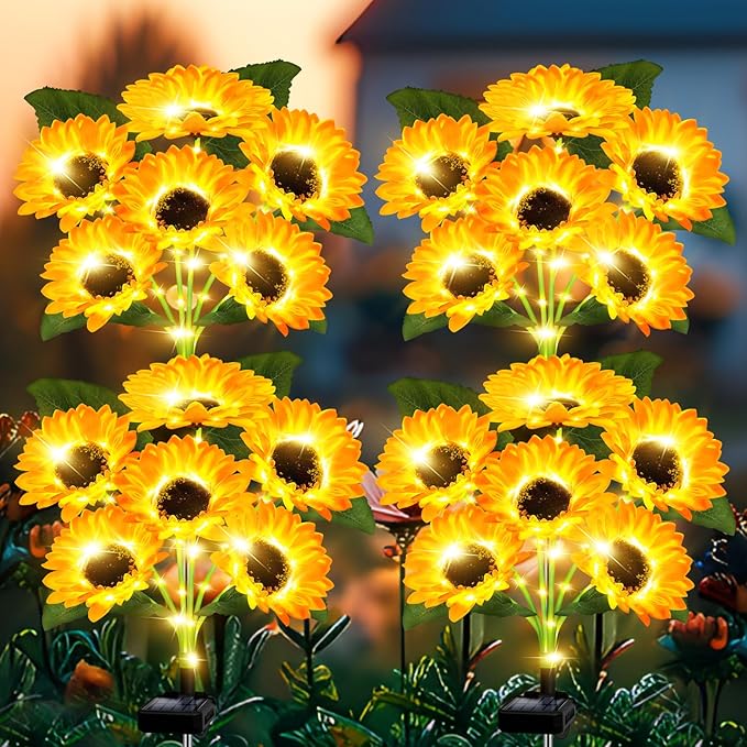 Solar Lights Outdoor Garden Decor,4 Pack with 24 Sunflower Lights,Solar Flowers Lights Waterproof,Sunflowers Gifts for Mom Women Grandma Birthday,Decorative Stakes Lights for Landscape Yard Patio Lawn