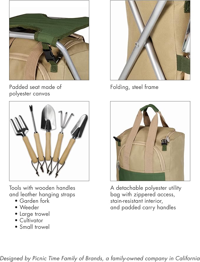 Picnic TIME Star Wars Mandalorian Grogu Gardener 5 Piece Gardening Tools Set with Garden Stool, Gardening Gifts, Garden Tool Set, (Olive Green with Beige Accents)