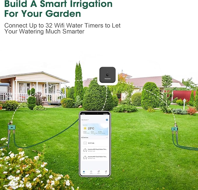 Smart Hose Watering Timer with Wi-Fi Hub, Automate Water & Sprinkler Schedules for Lawn, Garden, & Yard Care, Compatible with Alexa Green-Brass Inlet & Plastics Outlet (2-Outlet)