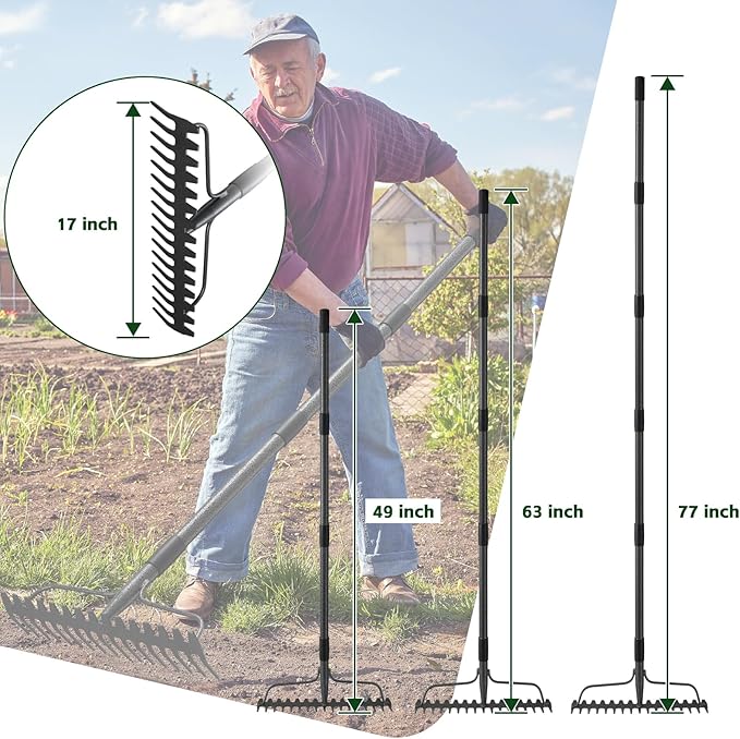 49'' Bow Rake ，17 Tines Metal Head Rake with Stainless Steel Handle，Heavy Duty Garden Rake for Loosening Soil Gathering Leaf Leveling Lawn Farming Land Management Yarn Thatch Rake