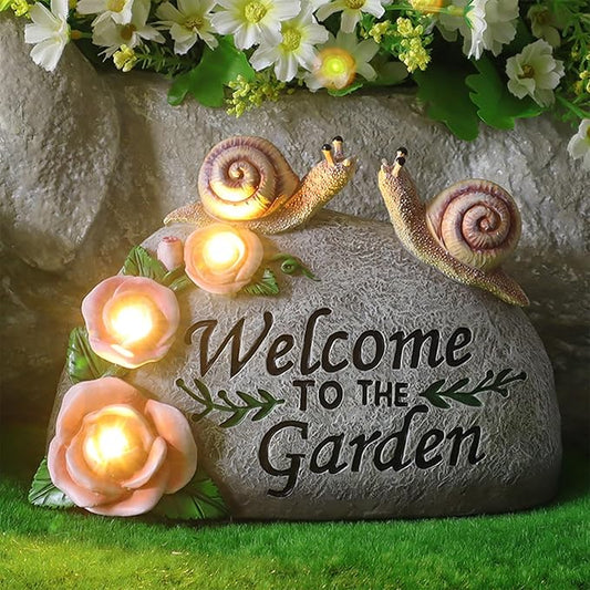 Snail Garden Statue Outdoor Decor Art Solar LED Light Welcome Sign Sculpture Auspicious Snail Resin Figurine Yard Porch Patio Lawn Decorations Housewarming Gifts for Mom Grandma Women