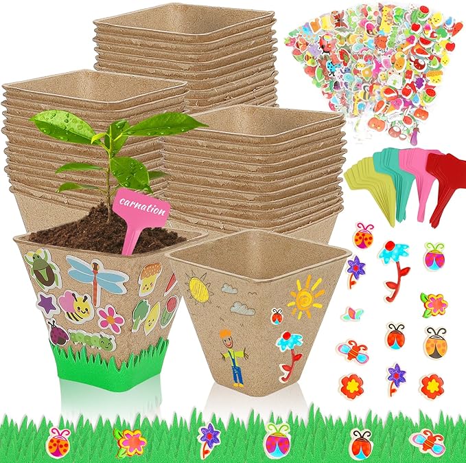 NNG 40 Set Garden Paper Pot Craft Kit,40Pcs Paper Mache Pots Peat Plant Pots with 400pcs Adhesive Foam Stickers & 40Pcs Pots Labels,Flower Plant Spring Craft for Kid DIY Flower Planting