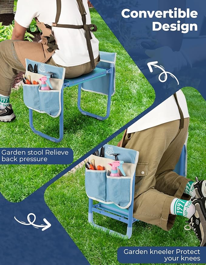 DEERFAMY Garden Stool 10.2" Width, Garden Kneeler and Seat Load Cap 350 lbs, Gardening Gift Heavy Duty with Extra Kneeling Pad, 2 Tool Pouches, Claw Gloves, Blue