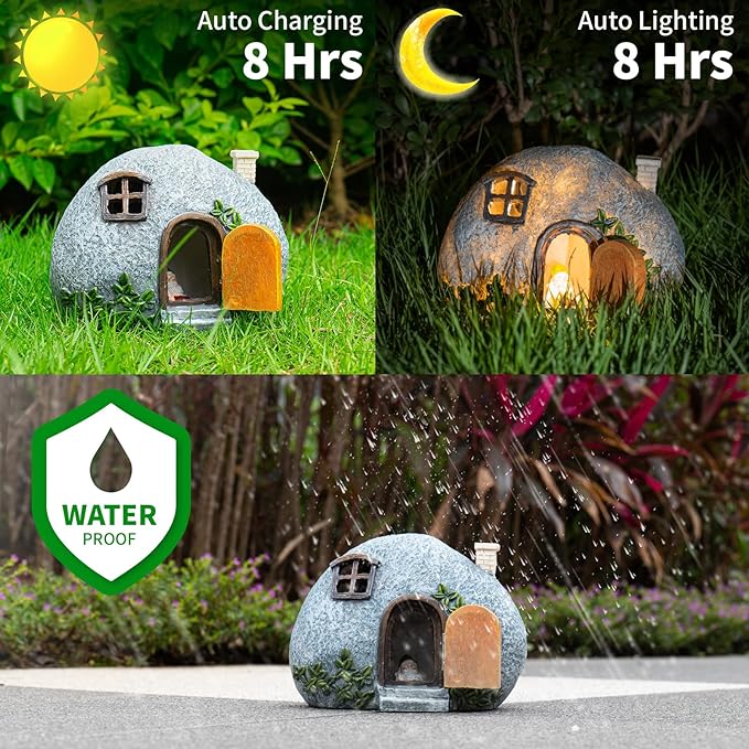 mopha Garden House Statues, Funny Gnomes Fairy Garden Lights Figurine,Mini Gnome Resin Solar Powered Outdoor Decor Patio Yard Lawn Ornament Decoration