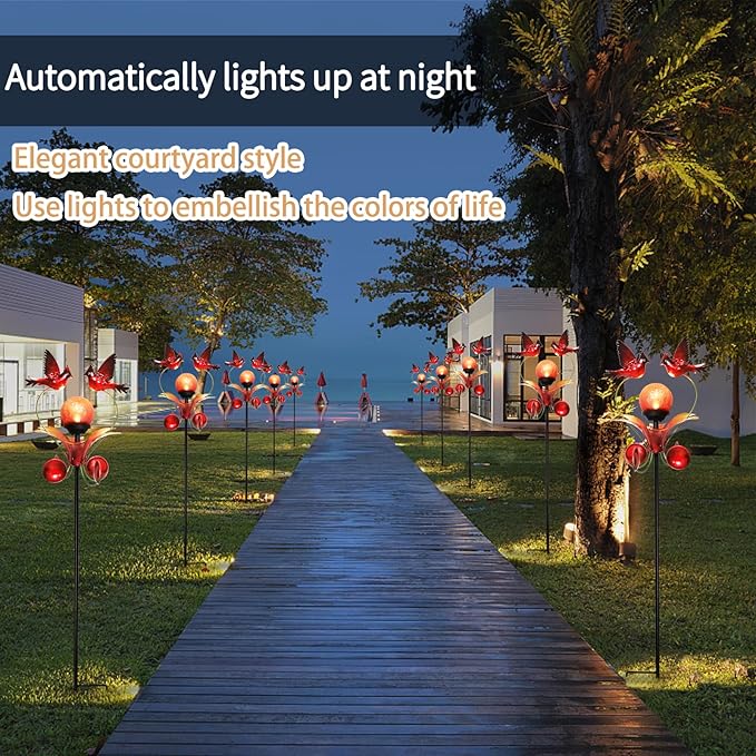 VCUTEKA Cardinal Solar Lights Outdoor Metal Garden Stake Waterproof Crackle Glass Globe Garden Decor Cardinal for Pathway, Lawn, Patio, Yard