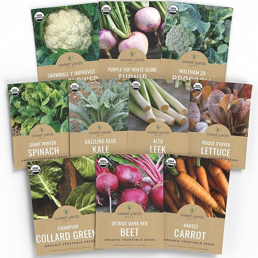 Organic Cold & Hardy Seeds Variety Pack - 10 Individual Packs - 2025 Season - Caulifower, Turnip, Kale, Carrots and More! for Indoor & Outdoor Planting (Non-GMO, Certified Organic)
