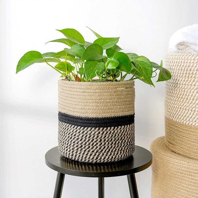 TIMEYARD Sturdy Jute Rope Plant Basket Modern Woven Basket up to 7.5 Inch Flower Pot Floor Indoor Planters, 8” x 8” Storage Organizer Basket Rustic Home Decor, Black Stripes