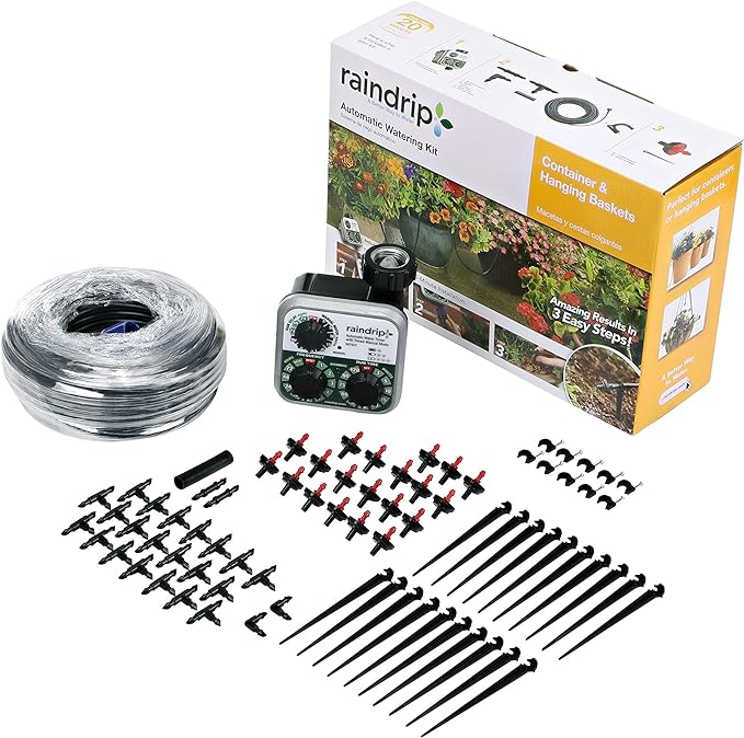 Raindrip R560DP Automatic Drip Irrigation Watering Kit with Customizable Timer for Containers and Hanging Baskets, Waters up to 20 Plants, Includes 20 PC Drippers, Black