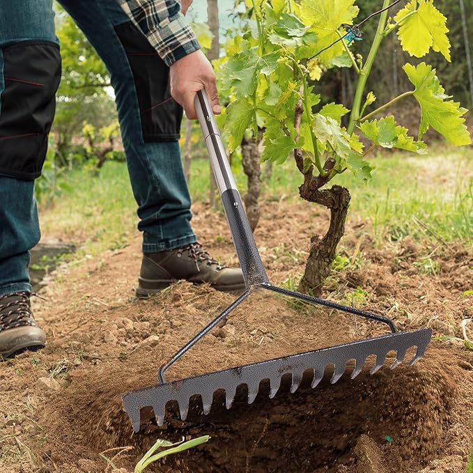 Sturdy Garden Rakes for Leaves: Metal Rake Heavy Duty Tool for Quick Clean Up of Lawn and Yard, 38’’--63’’ Adjustable Long Handle and 25Tins
