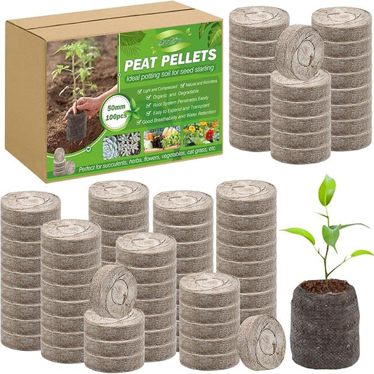 ZeeDix 100Pcs 50mm Peat Pellets for Seedlings, Seed Starter Pods Seed Starting Plugs Soil, Compressed Nutrient Block Potting Soil Discs Pellet for Planting Herbs Flowers Vegetables