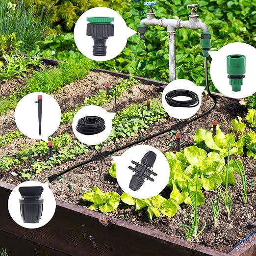 82FT Drip Irrigation System Automatic Micro Drip Kit with 1/2 and 1/4 inch Irrigation Tubing Hose Adjustable Nozzle Sparkle Garden Watering System for Flower, Potted Plants, Vegetable, Greenhouse