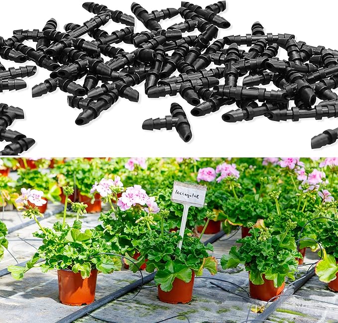 JAYEE 50 Pack Drip Irrigation 1/4” Barbed Tee Fittings, Barbed Connectors Fits Universal 1/4 Inch Drip Tubing, Irrigation Tee for Drip or Sprinkler System