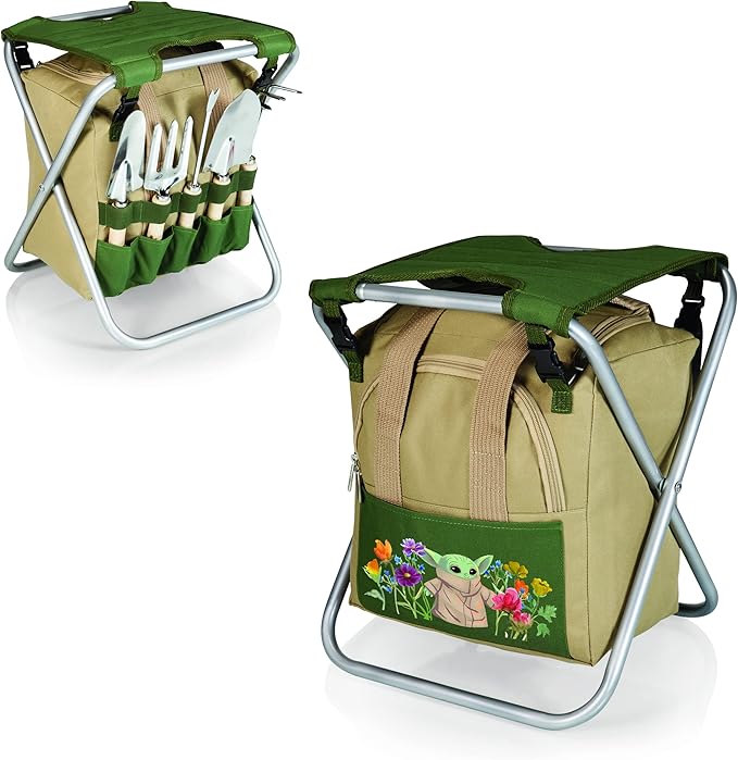 Picnic TIME Star Wars Mandalorian Grogu Gardener 5 Piece Gardening Tools Set with Garden Stool, Gardening Gifts, Garden Tool Set, (Olive Green with Beige Accents)