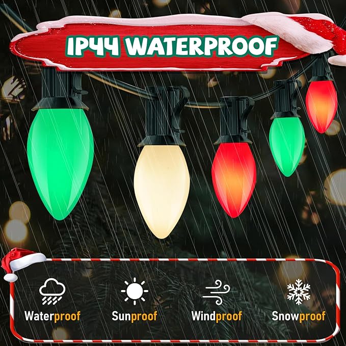 C7 Christmas String Lights, 25Ft Outdoor Decorations With 27 LED Red White and Green Shatterproof Bulbs, Hanging Patio Lights for Tree Backyard Holiday Party Decor