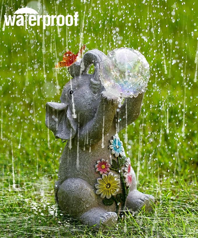 Solar Funny Elephant Statue for Garden: Outdoor Sculptures with Ball Lights and Butterfly Clearance Lawn Ornaments Yard Porch Patio Balcony - Gifts for Mom Grandma