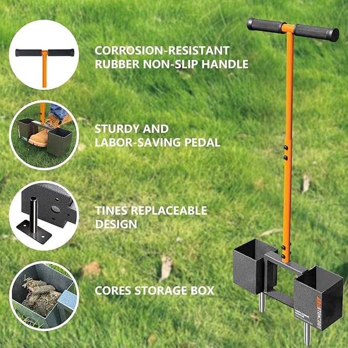 Manual Coring Lawn Aerator Hand Tool 4 Replace Tines Cores Box Loosening Compacted Soil Condition Improve Garden Yard Grass Aeration