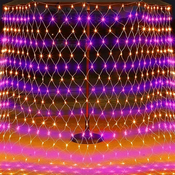 WATERGLIDE Outdoor Halloween Net Lights, 12FT x 5FT 360 LED Fairy String Light with 8 Lighting Modes, Connectable Light Safe Adaptor for Garden Tree Bushes Holiday Party Decorations, Orange & Purple