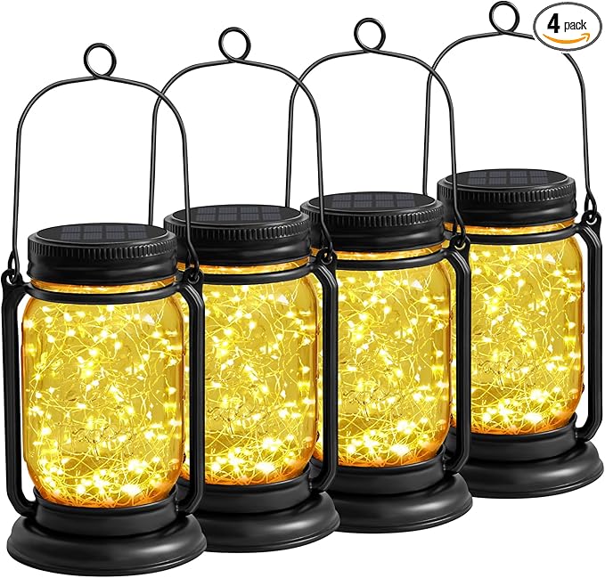 Solar Fairy Lanterns,4 Pack Solar Mason Jar Lights,Mother's Day Gifts For Mom Women Grandma Hanging Lanterns Outdoor Waterproof,Glass Jar Starry Light with Stakes for Garden Patio Party Holiday