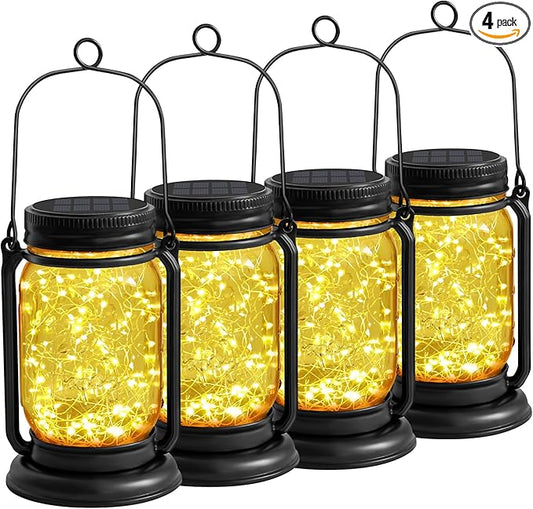Solar Fairy Lanterns,4 Pack Solar Mason Jar Lights,Mother's Day Gifts For Mom Women Grandma Hanging Lanterns Outdoor Waterproof,Glass Jar Starry Light with Stakes for Garden Patio Party Holiday