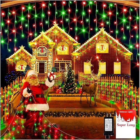 1600 LED 164FT Christmas Outdoor Lights Plug in 8 Modes with Timer Dimmable Christmas Decorations Waterproof Indoor Curtain String Lights for Roof Porch Garden Holiday Wedding Party Decor Red + Green