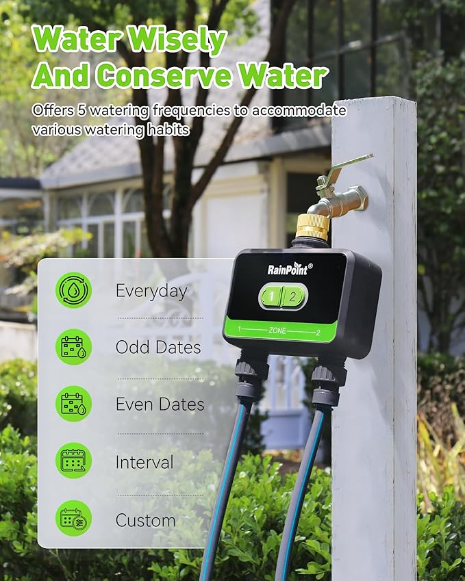 RainPoint WiFi Water Timer for Garden Hose with Brass Inlet, 2-Zone Smart Hose Timer, Sprinkler Timer WiFi Irrigation Controller, Automatic Watering System for Lawns and Yard