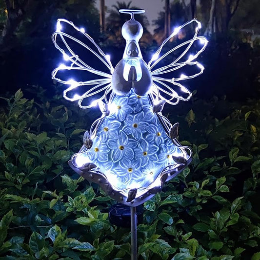 38Inch Angel Solar Lights Outdoor Decorative-Metal&Glass Angel Hydrangea Flower Garden Stake Lawn Light- Waterproof 30 Warm White LED for Remembrance Gifts & Sympathy Gifts(White)