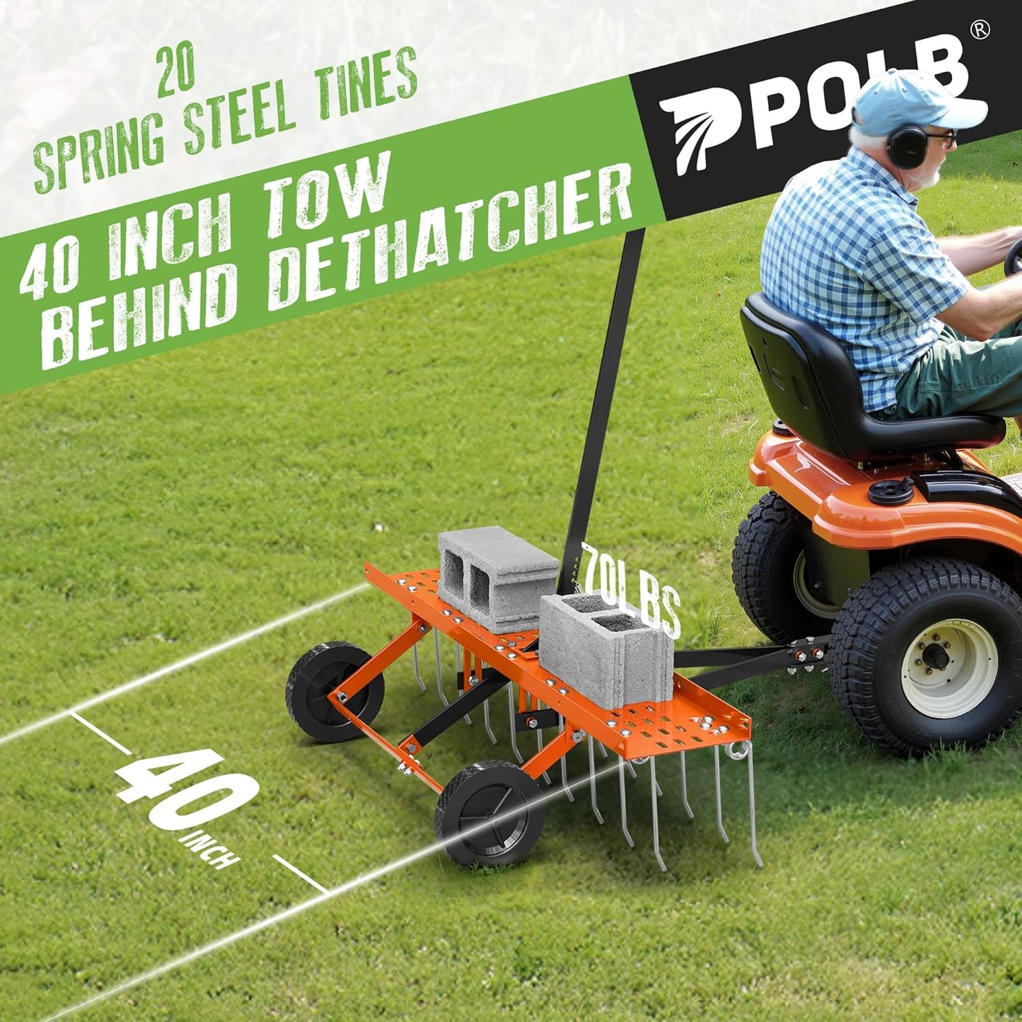 40" Tow-Behind Dethatcher with 20 Spring Steel Tines, Pull Behind Lawn Tractor Mower Grass Rake for Yard, Garden, and Farm Care – Removes Thatch, Leaves, and Pine Needles-Orange
