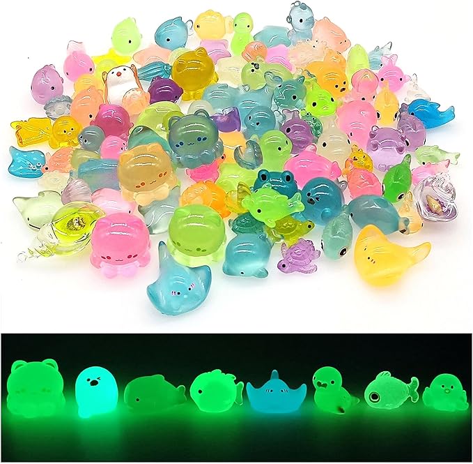 Luminous Ocean Mini Resin Animals Figures, 100 Pcs Glow in The Dark Tiny Plastic Animals Sea Creatures Miniature Figurines to Hide