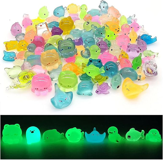 Luminous Ocean Mini Resin Animals Figures, 100 Pcs Glow in The Dark Tiny Plastic Animals Sea Creatures Miniature Figurines to Hide