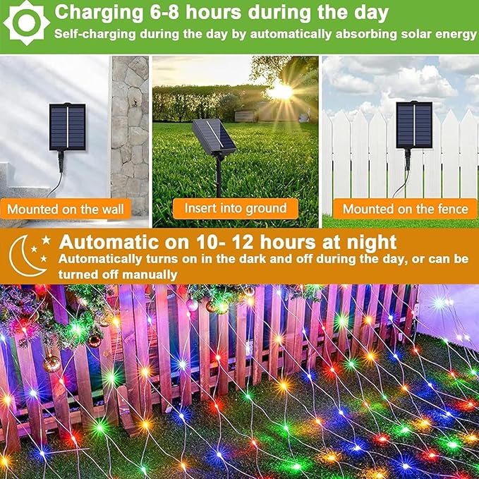 Christmas Net Lights, 204 LED Outdoor Mesh Lights Waterproof, Bush Solar Net Lights with 8-Lighting Modes for Tree Garden Yard Christmas Wedding Party Decoration(Multi-Colored)