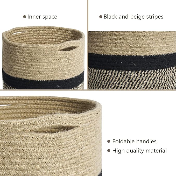 TIMEYARD Sturdy Jute Rope Plant Basket Modern Woven Basket for 11" Flower Pot Floor Indoor Planters, 12.5'' x 12.5'' Storage Organizer Basket Rustic Home Decor, Black and Beige Stripes