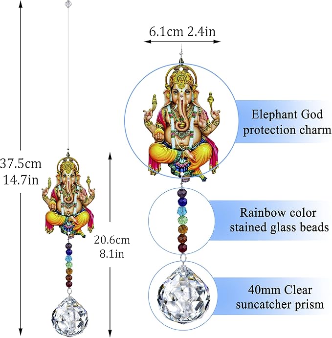Elephant God Prism Suncatcher Hindu Ganesha Protection Charm Decor Window Garden Wall Hanging Crystal Pendant