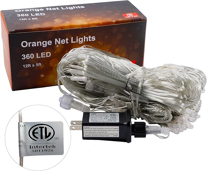 WATERGLIDE Outdoor Halloween Net Lights, 12FT x 5FT 360 LED Fairy String Light with 8 Lighting Modes, Connectable Light Safe Adaptor for Garden Tree, Bushes, Holiday Wedding Party Decorations, Orange