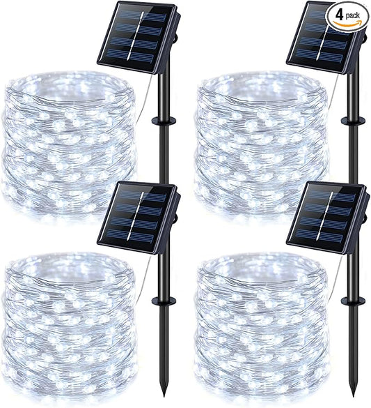 JMEXSUSS 4 Pack 100 LED Solar String Lights for Outside, 33ft White Solar Fairy Lights Outdoor Waterproof, 8 Modes Solar Christmas Lights for Garden Yard Tree Wedding Decorations